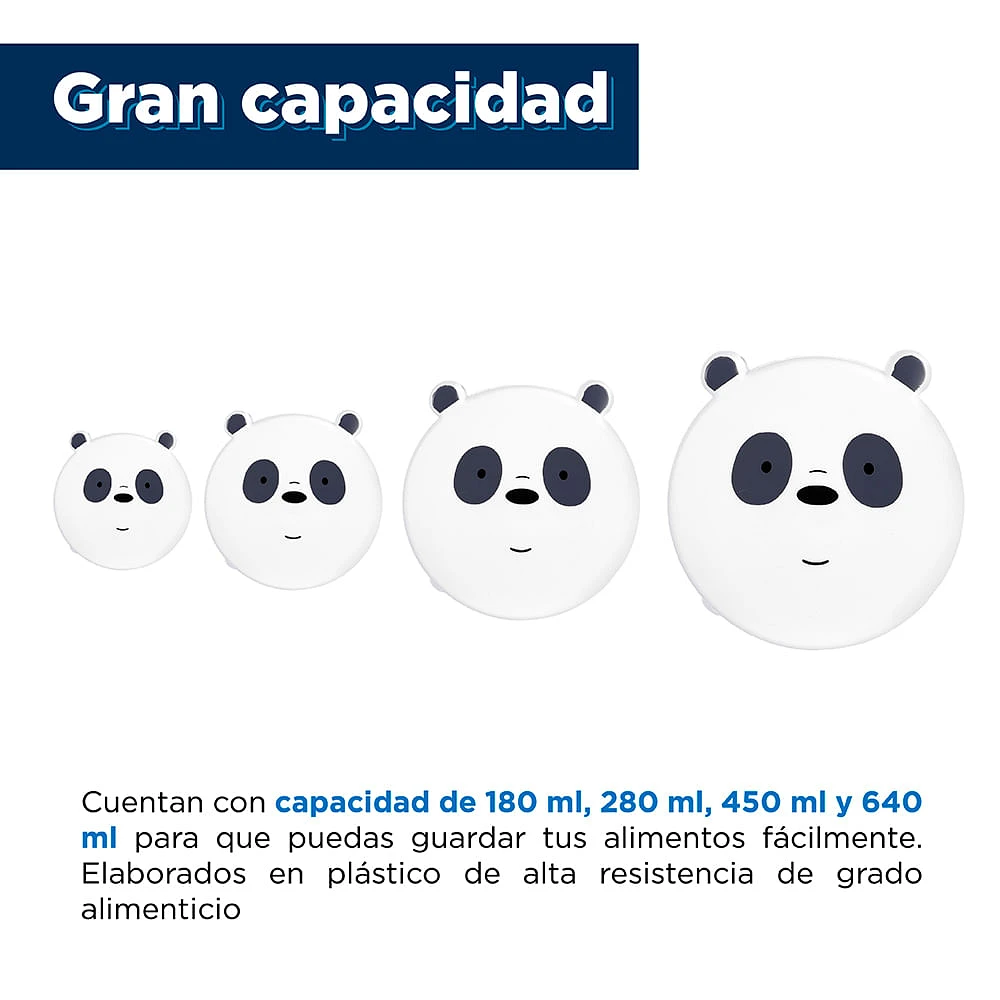 Set De Contenedores De Comida We Bare Bears Panda Para Comida Plástico Negro 640 ml, 450 ml, 280 ml, 180 ml 4 Piezas