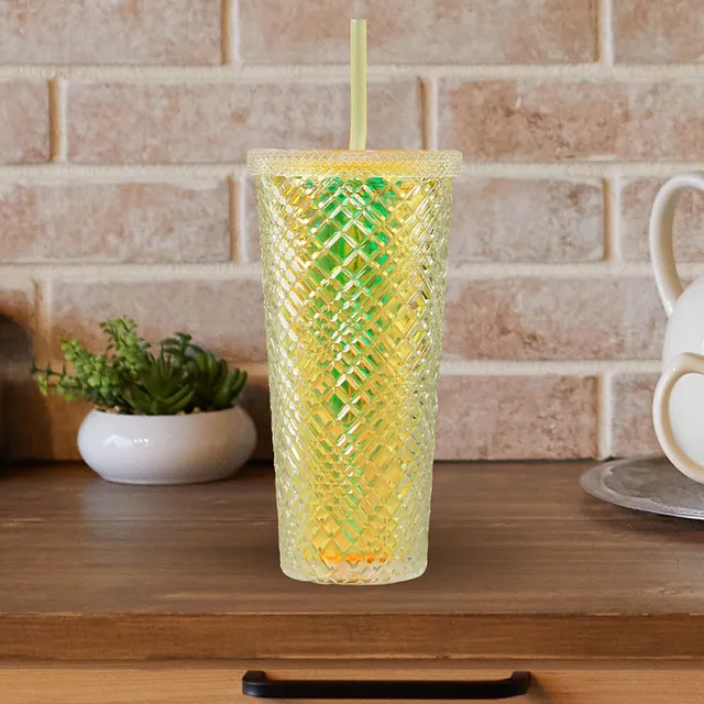 MANDALA INNOVATION STORE: VASO OLAS DE PLASTICO CON TAPA Y POPOTE 470 ML  AMARILLO