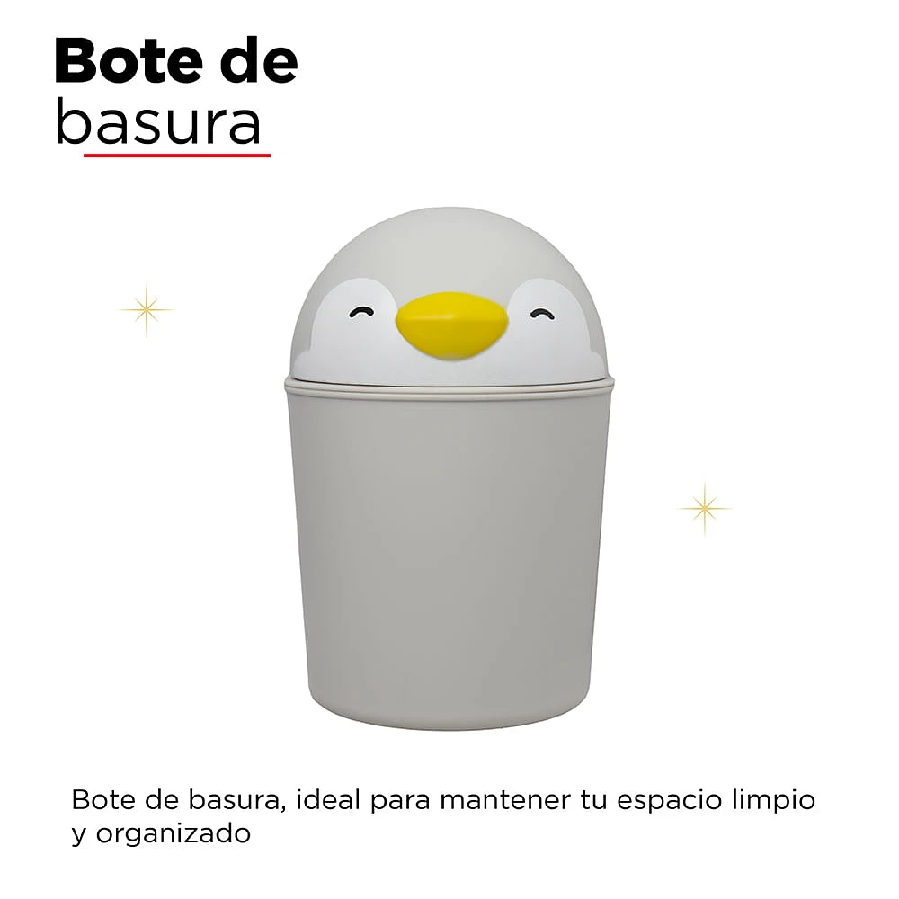 Bote De Basura Pingüino Sr. Miniso Plástico Gris 13.2x20 cm