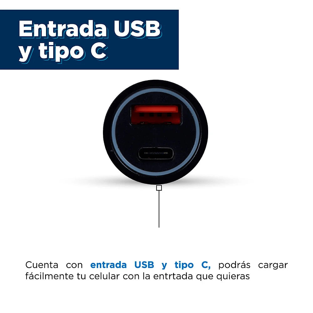 Cargador De Automóvil USB Y Tipo C Metálico Negro 6.7x2.6 cm