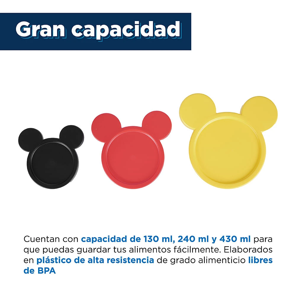 Set Contenedores De Alimentos Disney Mickey Mouse Plástico 130 ml, 240 ml, 430 ml 3 Piezas