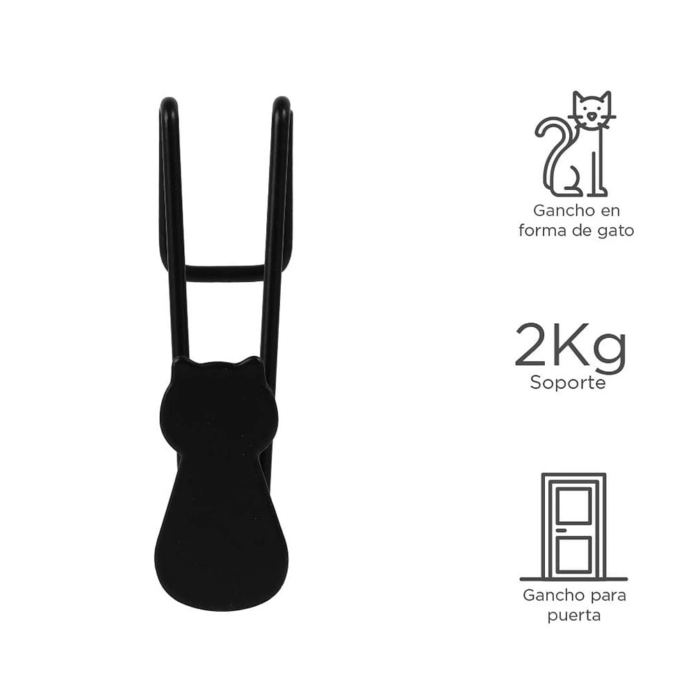 Set Ganchos Para Puerta Gato Metálicos Negros 8.5 cm 2 kg 3 Piezas