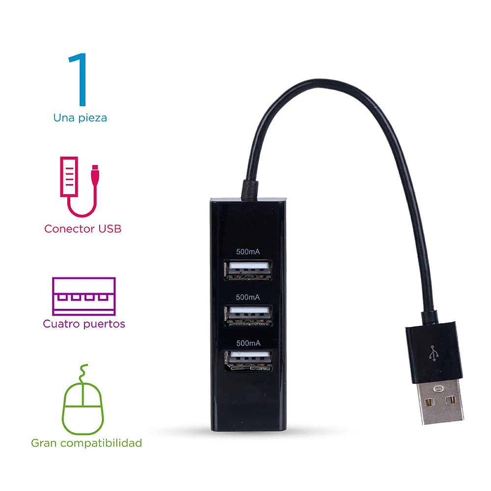 Adaptador USB 4 Puertos Negro 2x21.6 cm