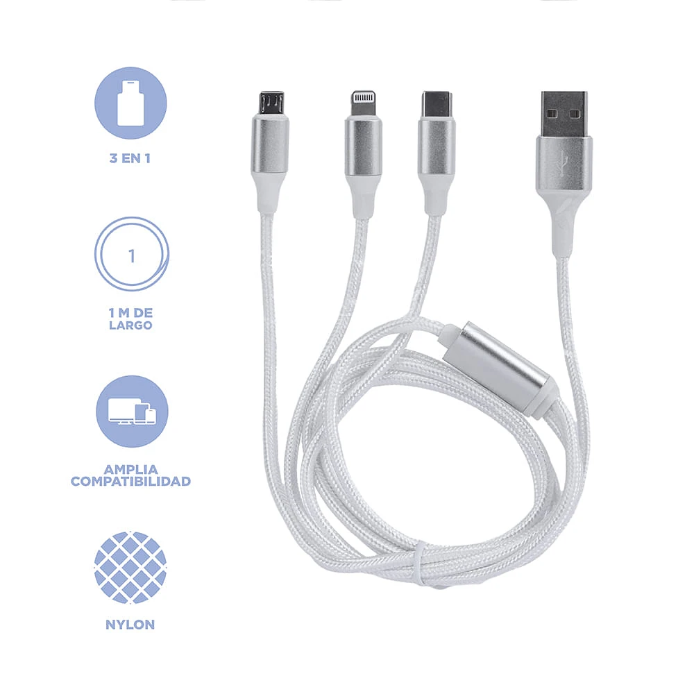 Cable De Carga Y Datos 3 En 1  Blanco 1 m Tipo C, Lightning Y Micro USB