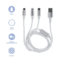 Cable De Carga Y Datos 3 En 1  Blanco 1 m Tipo C, Lightning Y Micro USB