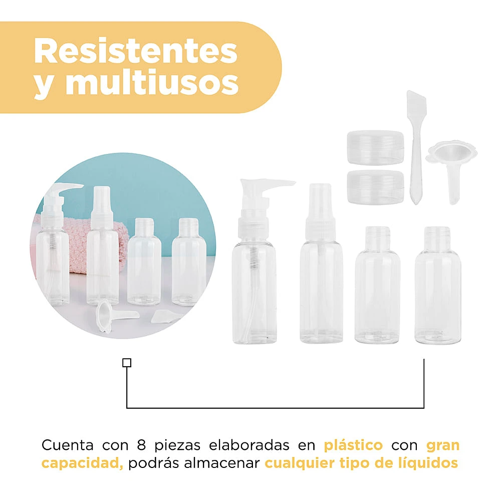 Kit Botellas De Viaje Plástico 8 Piezas