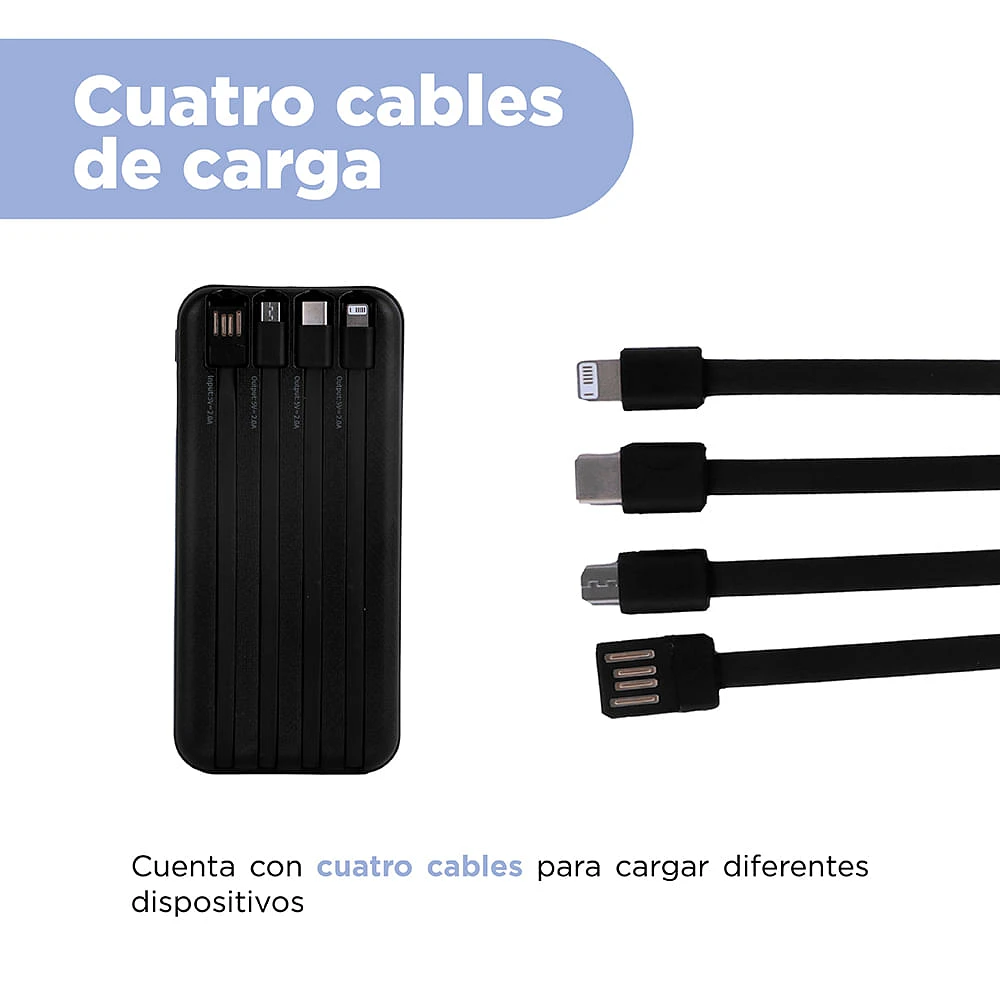 Batería Portátil Con Cables De Carga Power Bank Sintético Negro 7.5x2x15 cm
