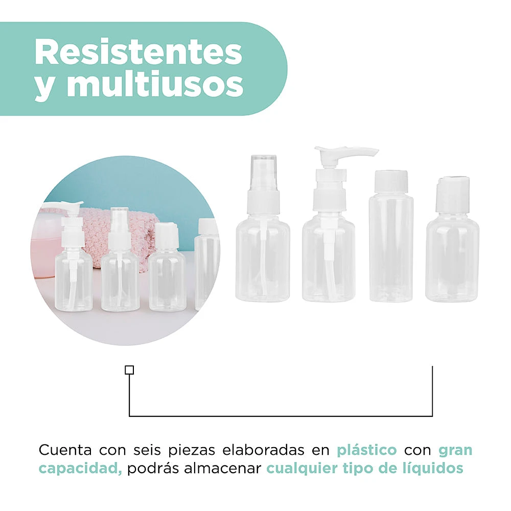 Kit Botellas De Viaje Plástico Transparentes 6 Piezas