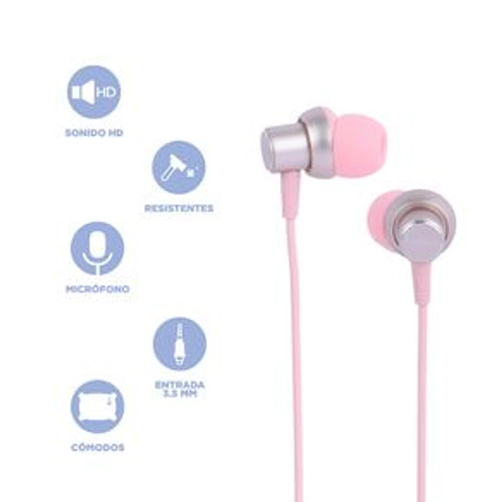 Audífonos De Cable In-Ear Metálicos, Rosa