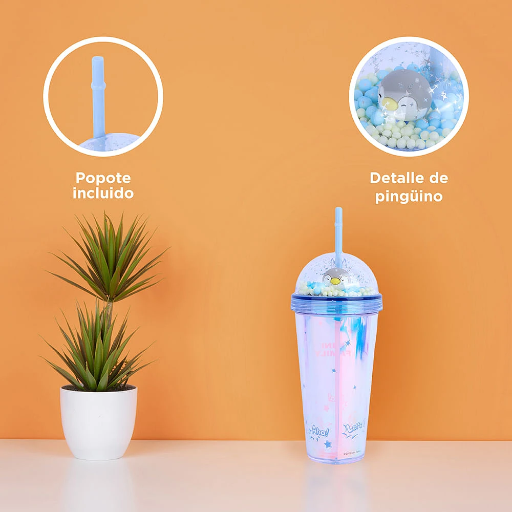 Vaso Con Tapa Y Popote Miniso Sr. Miniso Doble Capa Plástico Tornasol 420 ml