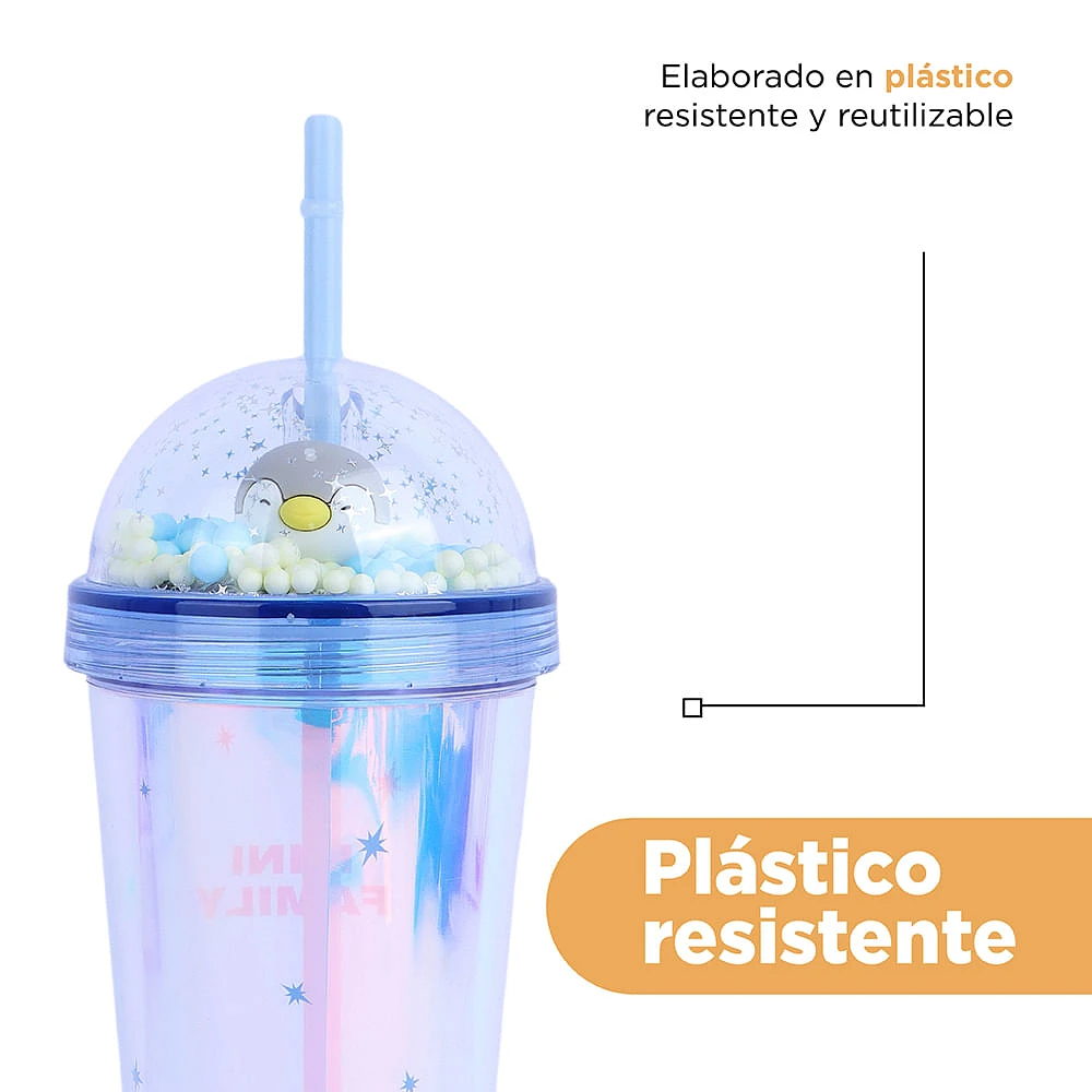 Vaso Con Tapa Y Popote Miniso Sr. Miniso Doble Capa Plástico Tornasol 420 ml