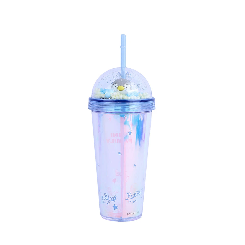 Vaso Con Tapa Y Popote Miniso Sr. Miniso Doble Capa Plástico Tornasol 420 ml