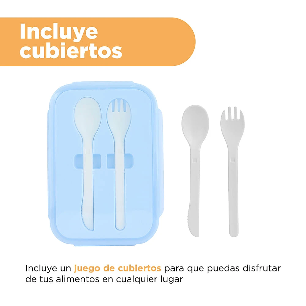 Contenedor De Alimentos En Forma Rectangular Con Cubiertos Plástico Azul 1200 ml