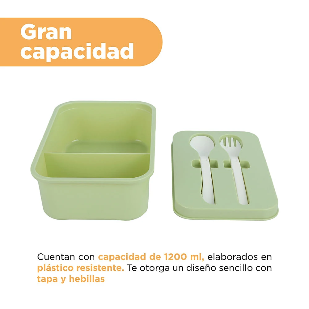 Contenedor De Alimentos En Forma Rectangular Con Cubiertos Plástico Verde 1200 ml