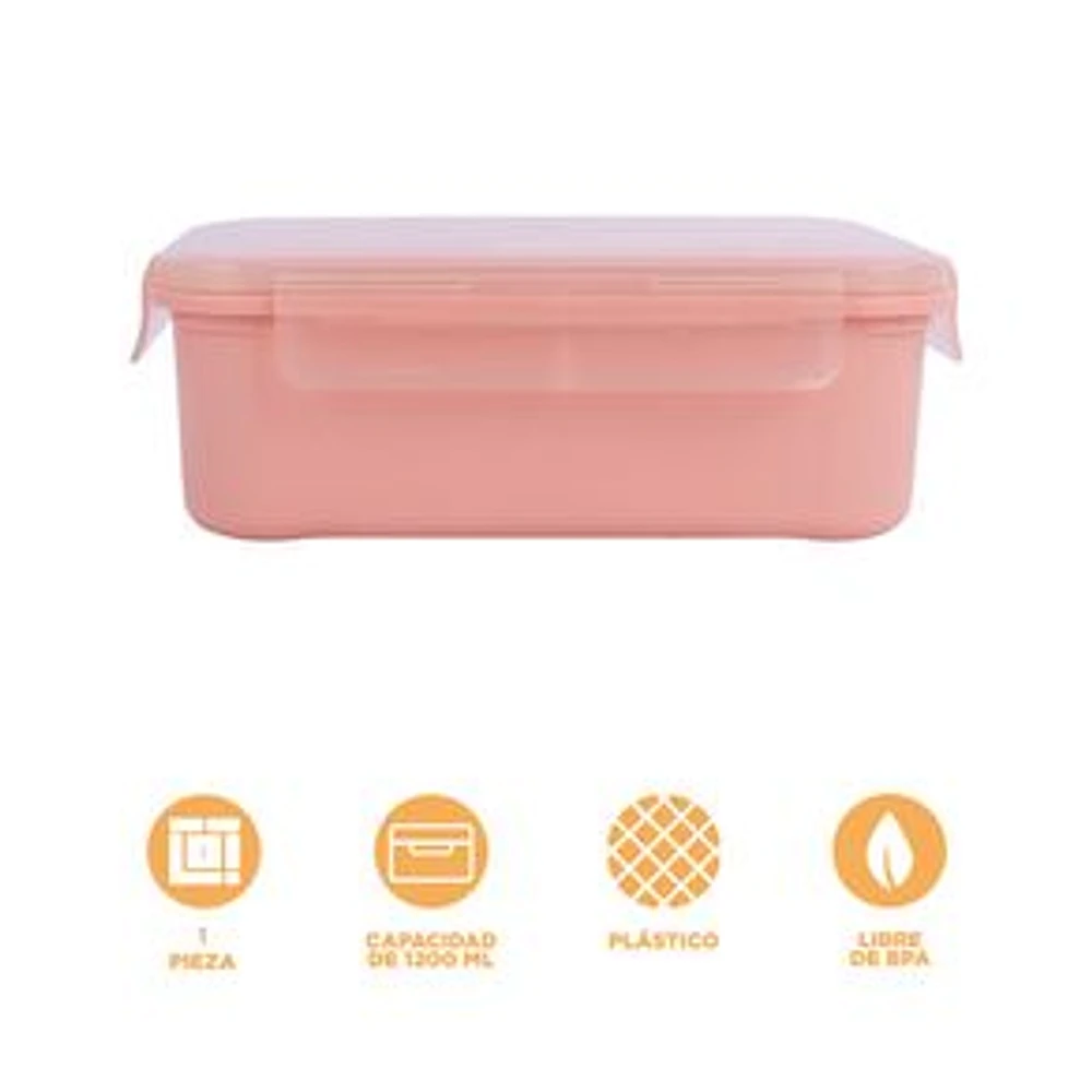 Contenedor De Alimentos En Forma Rectangular Con Cubiertos Plástico Rosa 1200 ml