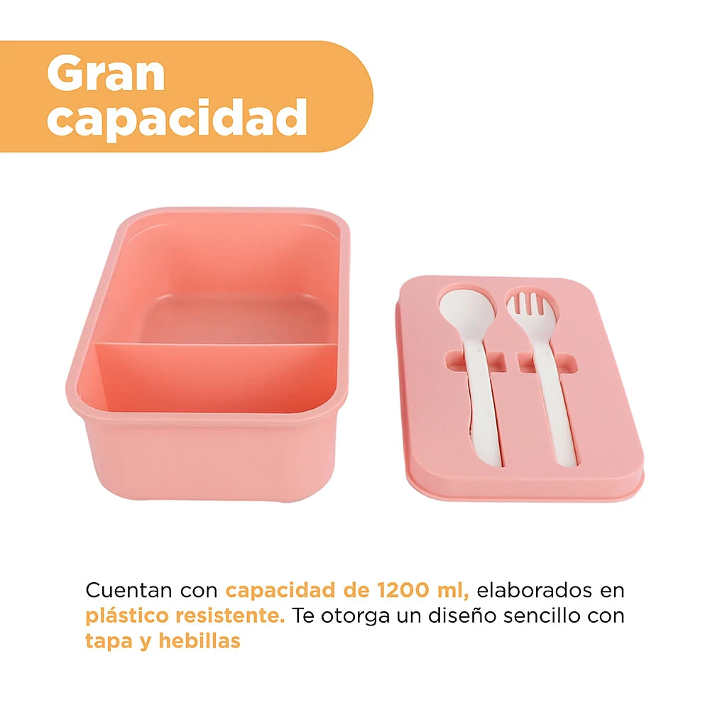 Contenedor De Alimentos En Forma Rectangular Con Cubiertos Plástico Rosa 1200 ml