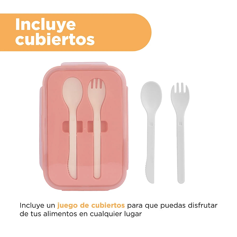 Contenedor De Alimentos En Forma Rectangular Con Cubiertos Plástico Rosa 1200 ml