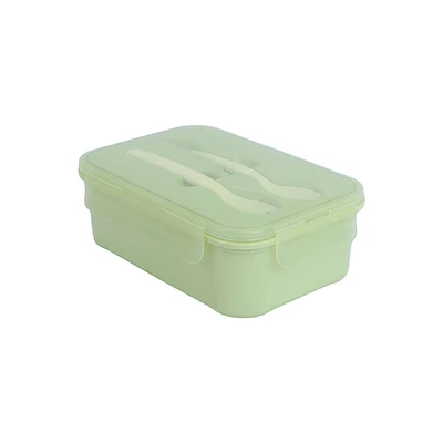 Contenedor De Alimentos En Forma Rectangular Con Cubiertos Plástico Verde 1200 ml