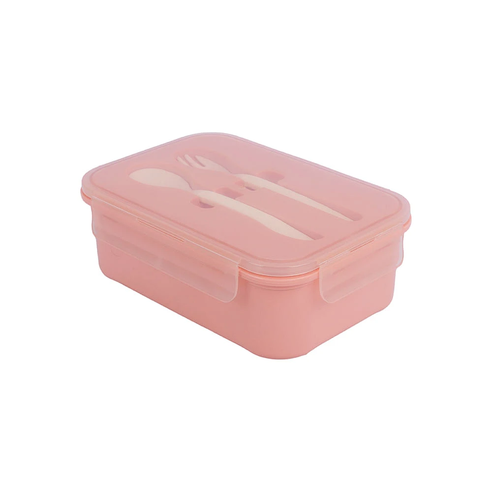 Contenedor De Alimentos En Forma Rectangular Con Cubiertos Plástico Rosa 1200 ml