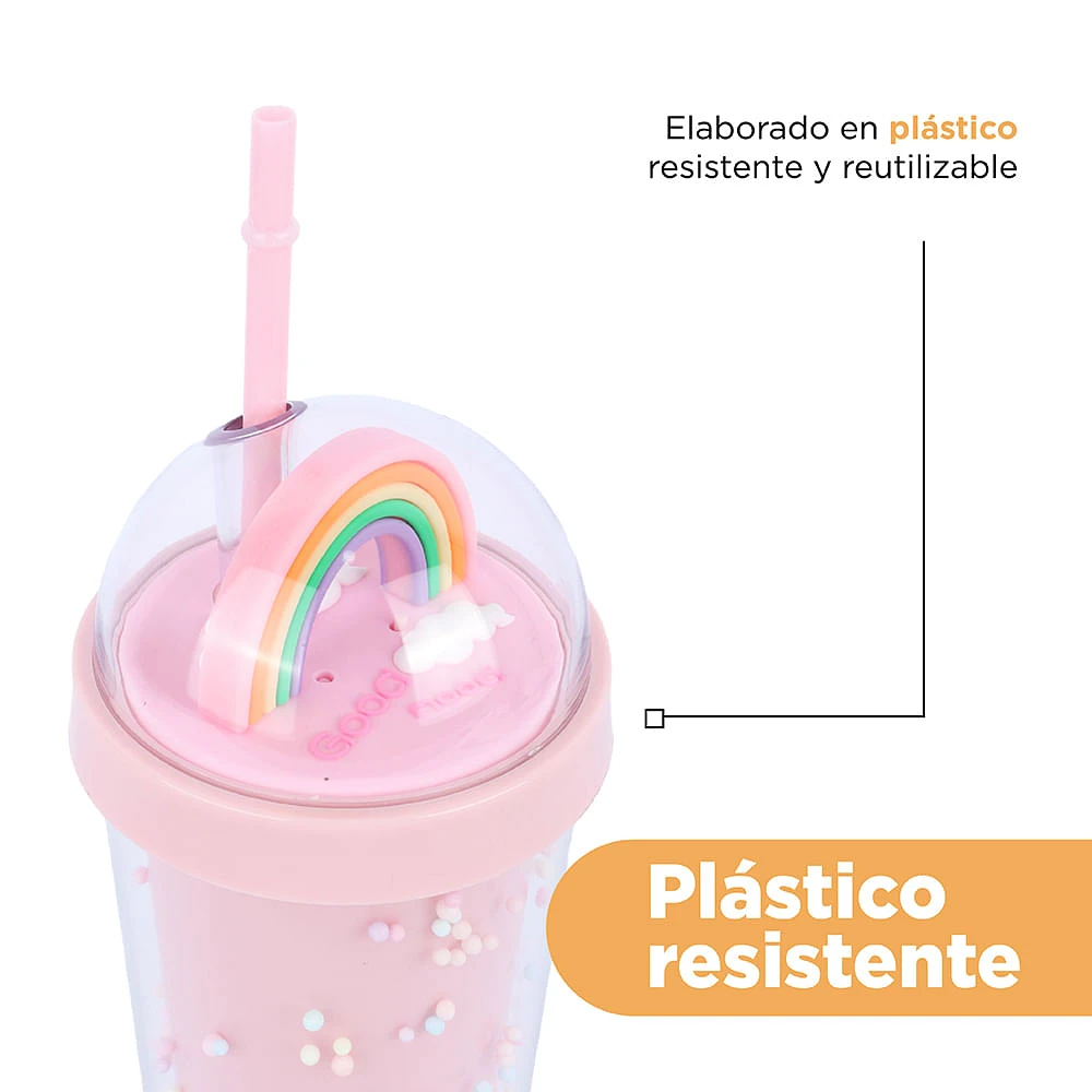 Vaso Con Tapa Y Popote Arcoíris Doble Capa Plástico Rosa 420 ml