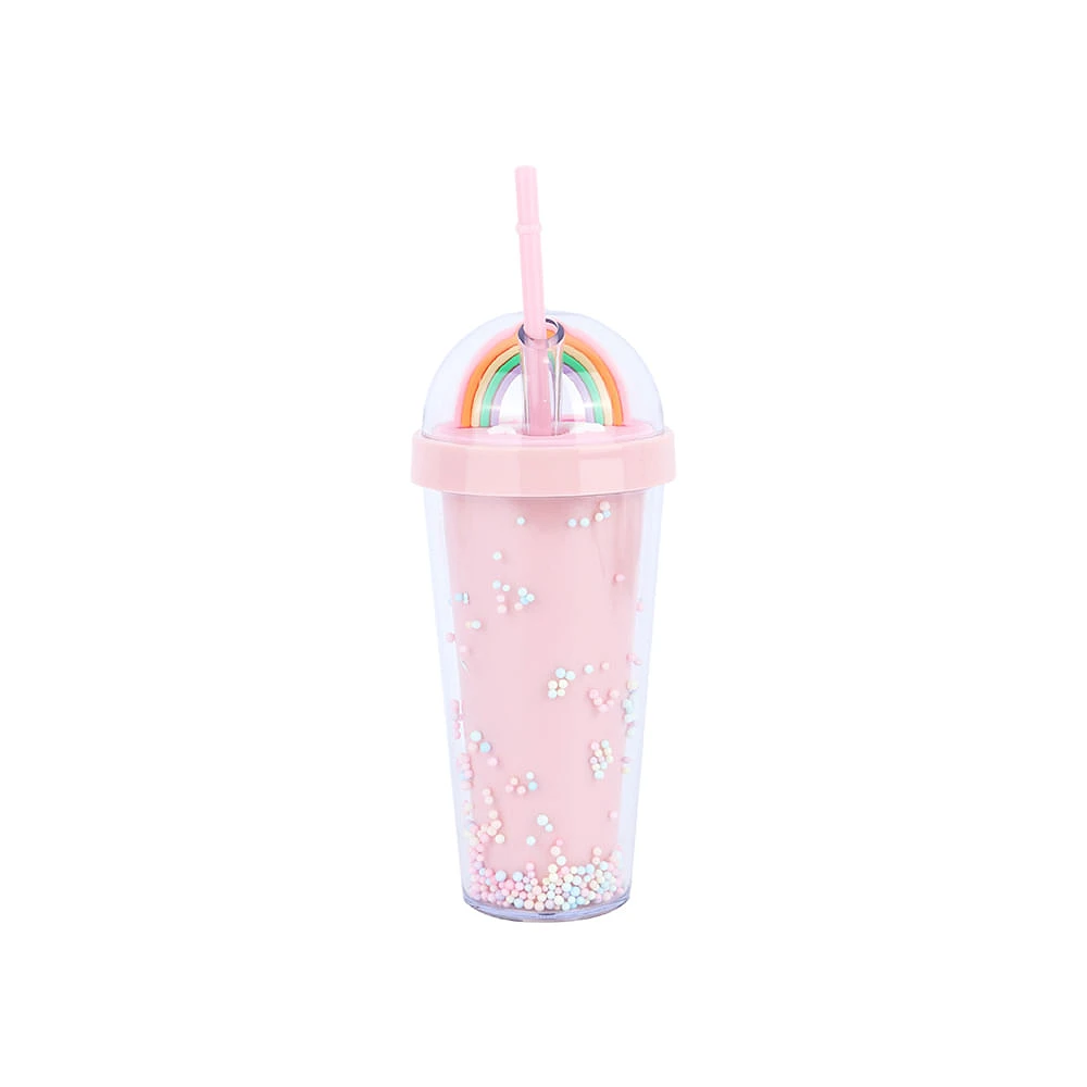 Vaso Con Tapa Y Popote Arcoíris Doble Capa Plástico Rosa 420 ml