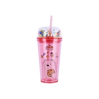 Vaso Con Tapa Y Popote We Bare Bears Polar Doble Capa Plástico Rosa 420 ml