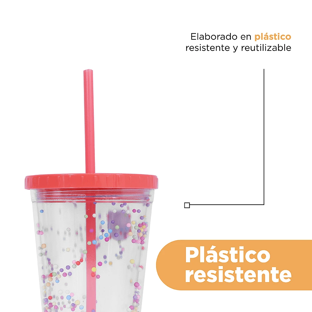 Vaso Con Tapa Y Popote Doble Capa Plástico 450 ml