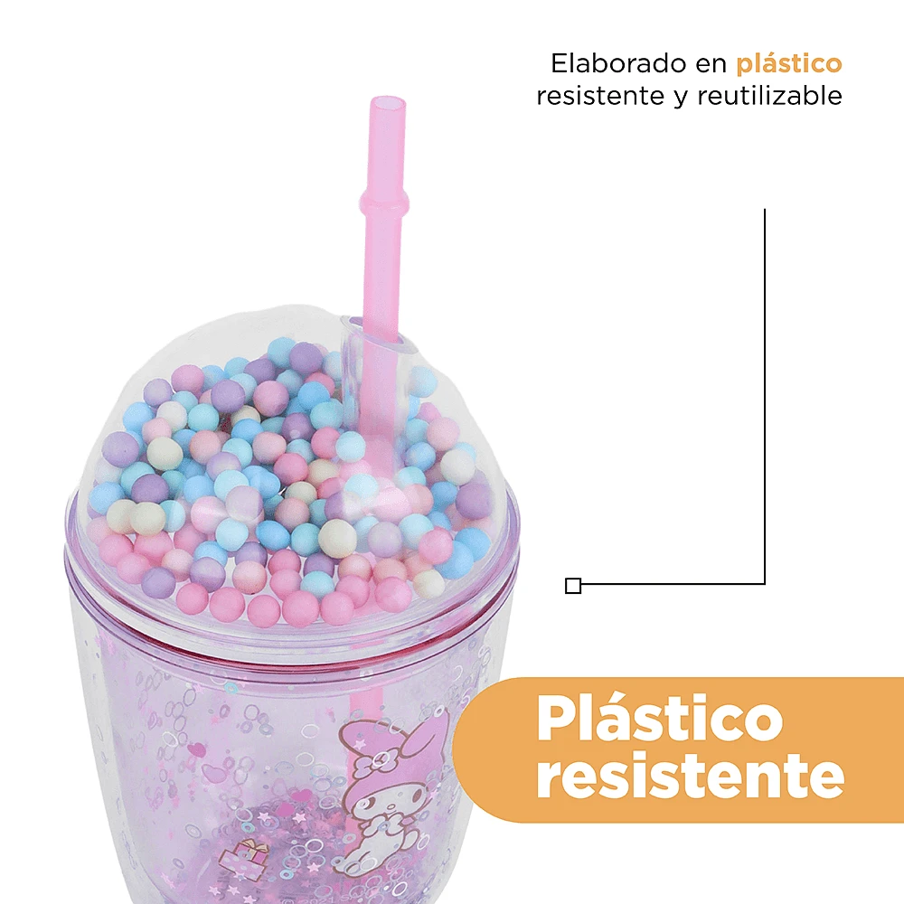 Vaso Con Tapa Y Popote Sanrio My Melody Doble Capa Plástico Rosa ml