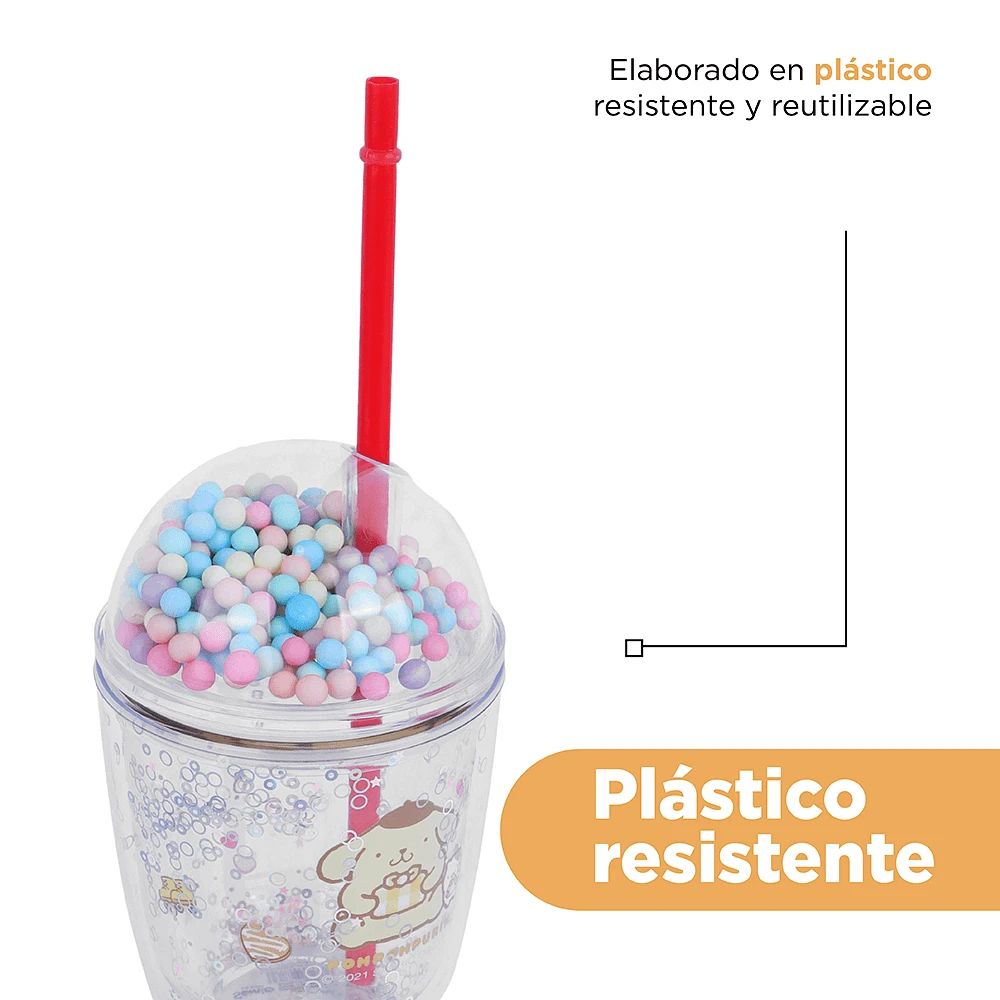 Vaso Con Tapa Y Popote Sanrio Pompompurin Doble Capa Plástico 435 ml