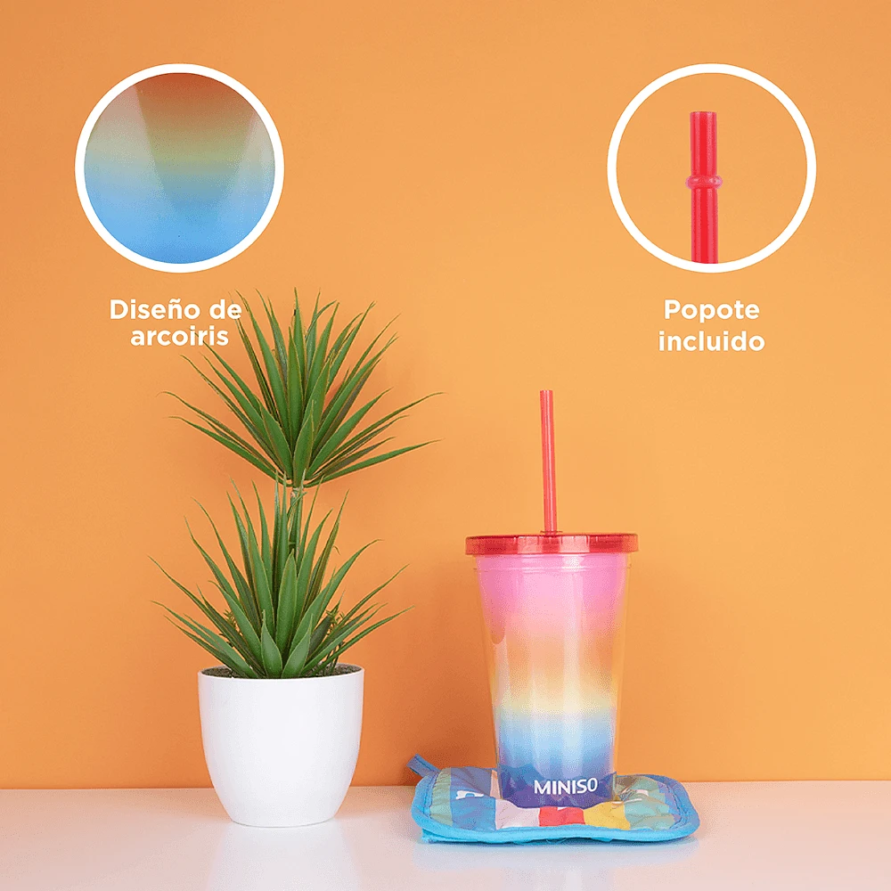 Vaso Con Tapa Y Popote Rainbow Doble Capa Plástico 450 ml