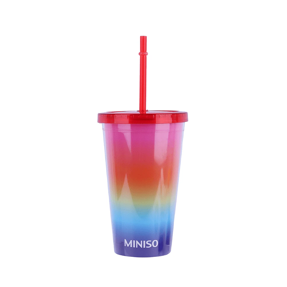 Vaso Con Tapa Y Popote Rainbow Doble Capa Plástico 450 ml