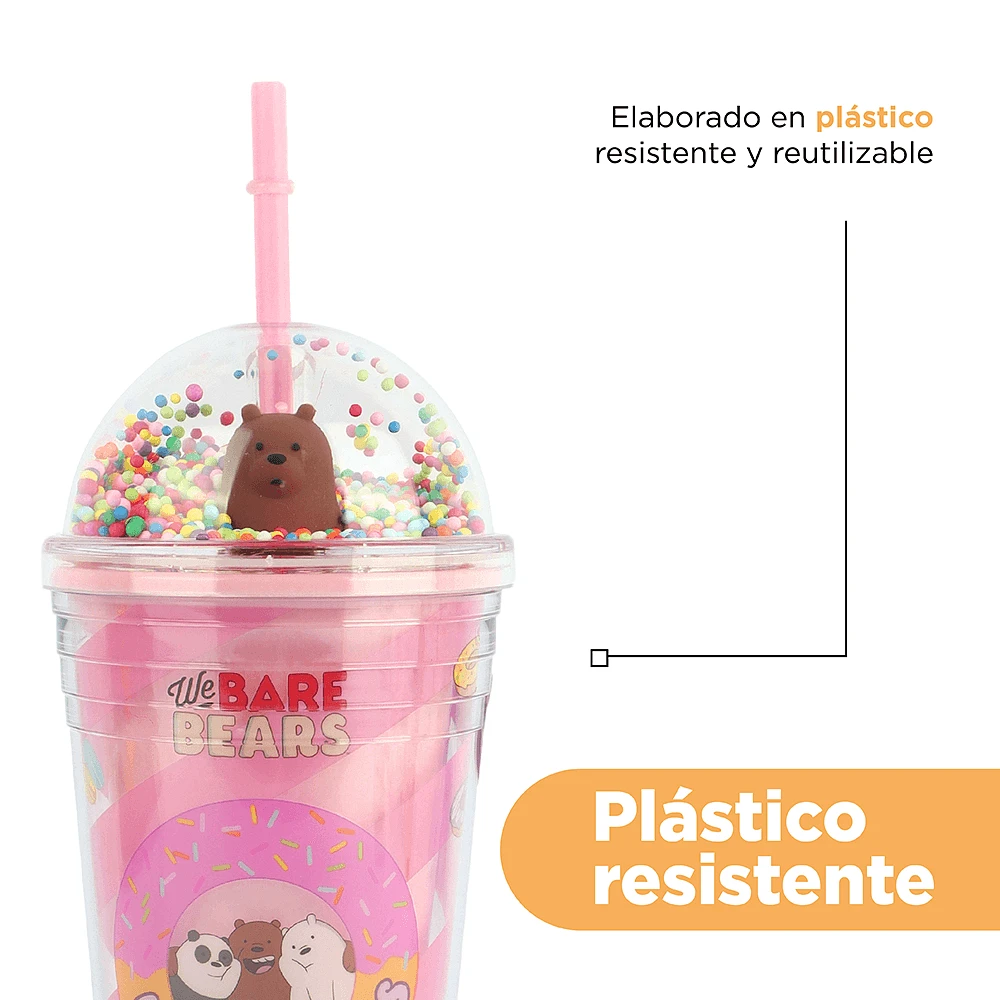 Vaso Con Tapa Y Popote We Bare Bears Plástico Rosa 480 ml