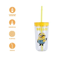 Vaso Con Tapa Y Popote Minions Stuart Plástico 600 ml