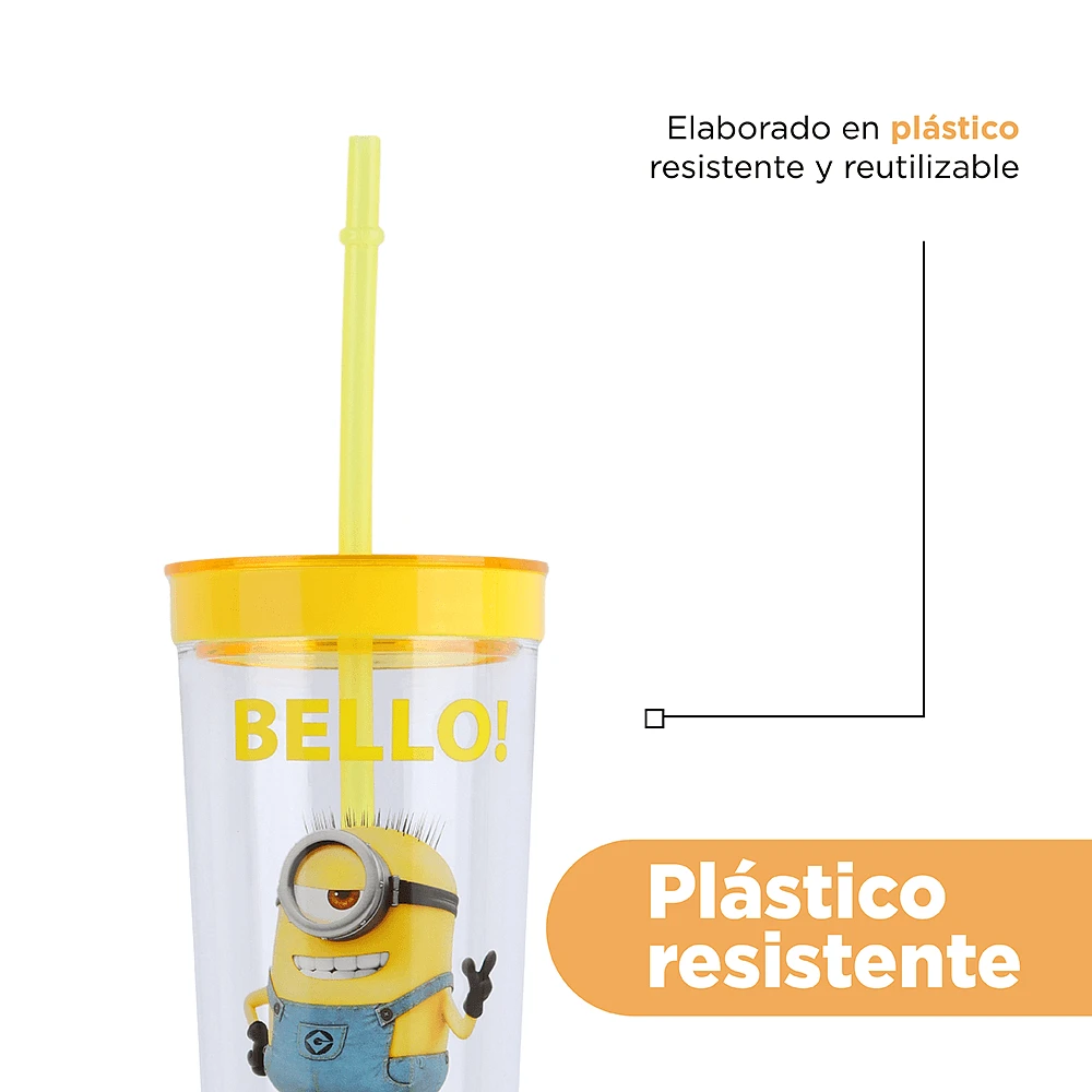 Vaso Con Tapa Y Popote Minions Stuart Plástico 600 ml