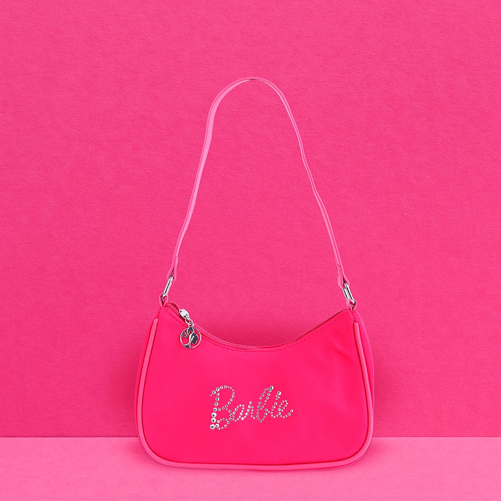 Bolso De Hombro Barbie Tipografía De Pedrería 100% Poliéster Rosa 22x5x15 cm