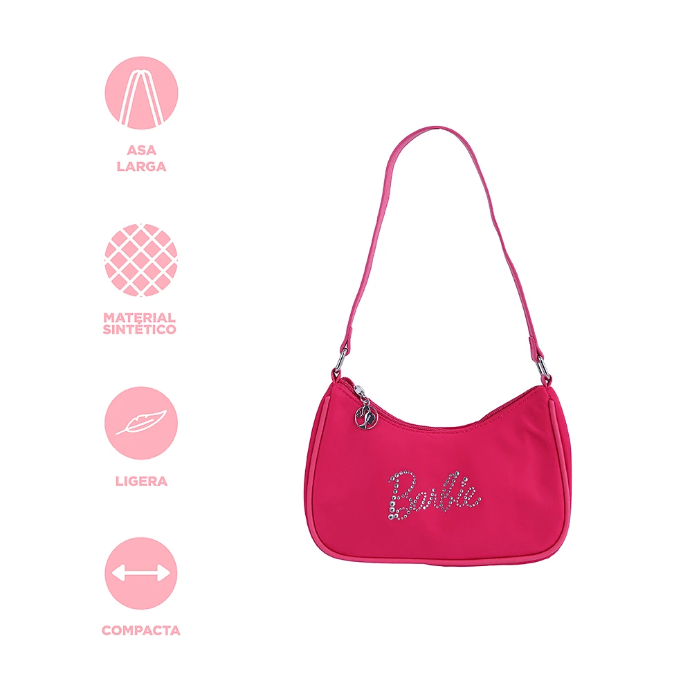 Bolso De Hombro Barbie Tipografía De Pedrería 100% Poliéster Rosa 22x5x15 cm