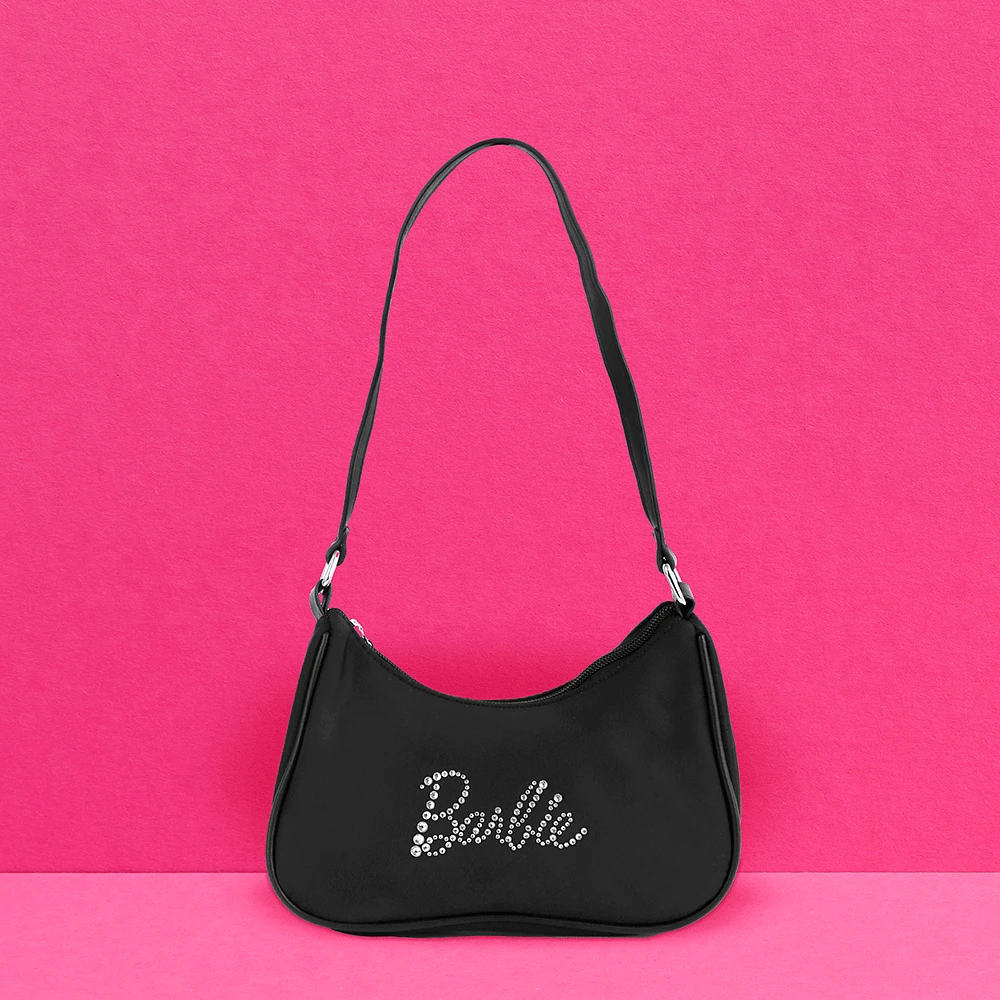 Bolso De Hombro Barbie Tipografía De Pedrería 100% Poliéster Negro 22x5x15 cm