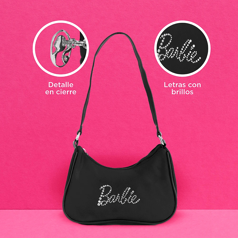 Bolso De Hombro Barbie Tipografía De Pedrería 100% Poliéster Negro 22x5x15 cm