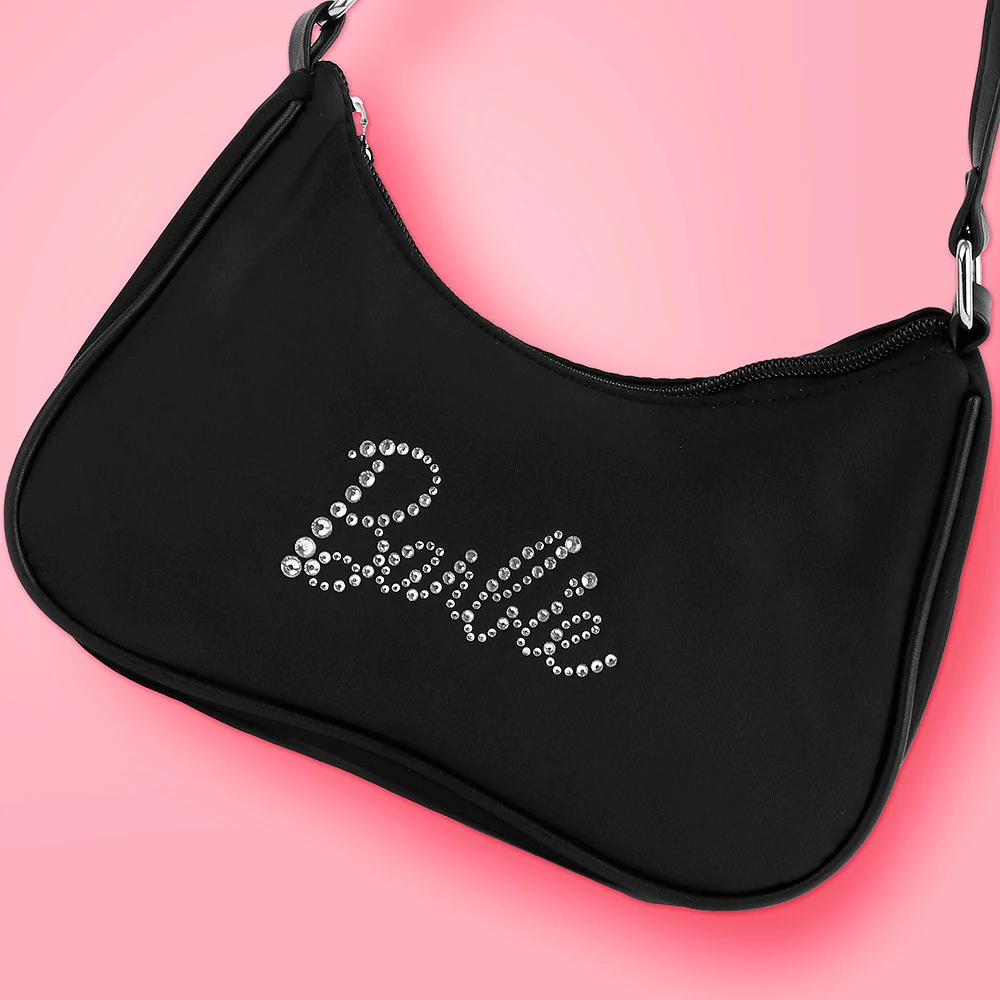 Bolso De Hombro Barbie Tipografía De Pedrería 100% Poliéster Negro 22x5x15 cm