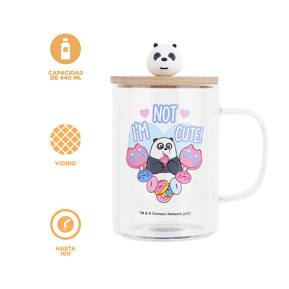 Taza Con Tapa We Bare Bears Panda Vidrio 440 ml