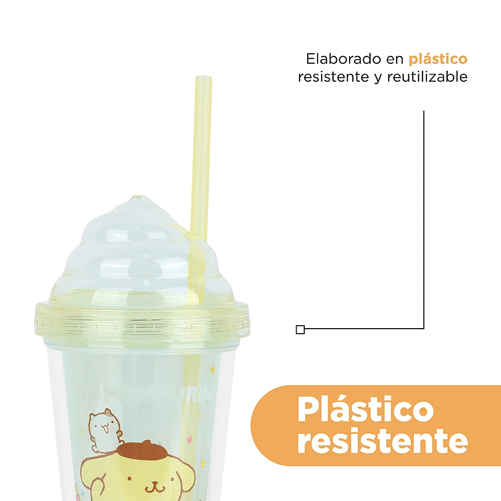 Vaso Con Tapa Y Popote Sanrio Pompompurin Doble Capa Plástico Amarillo 320 ml