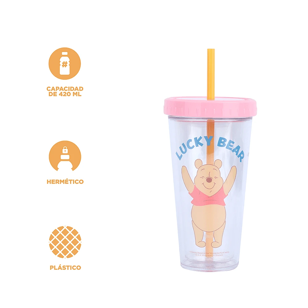 Vaso Con Tapa Y Popote Disney Winnie Pooh Doble Capa Plástico 420 ml