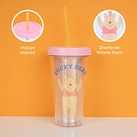 Vaso Con Tapa Y Popote Disney Winnie Pooh Doble Capa Plástico 420 ml