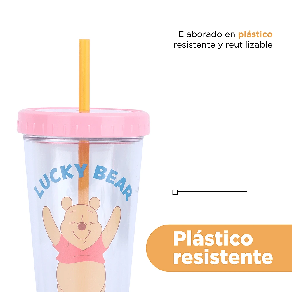 Vaso Con Tapa Y Popote Disney Winnie Pooh Doble Capa Plástico 420 ml