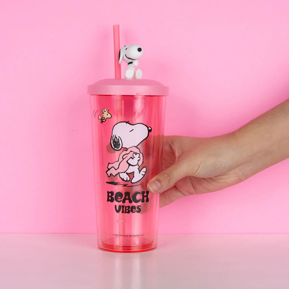 Vaso Con Tapa Y Popote Snoopy Plástico Rosa 550 ml