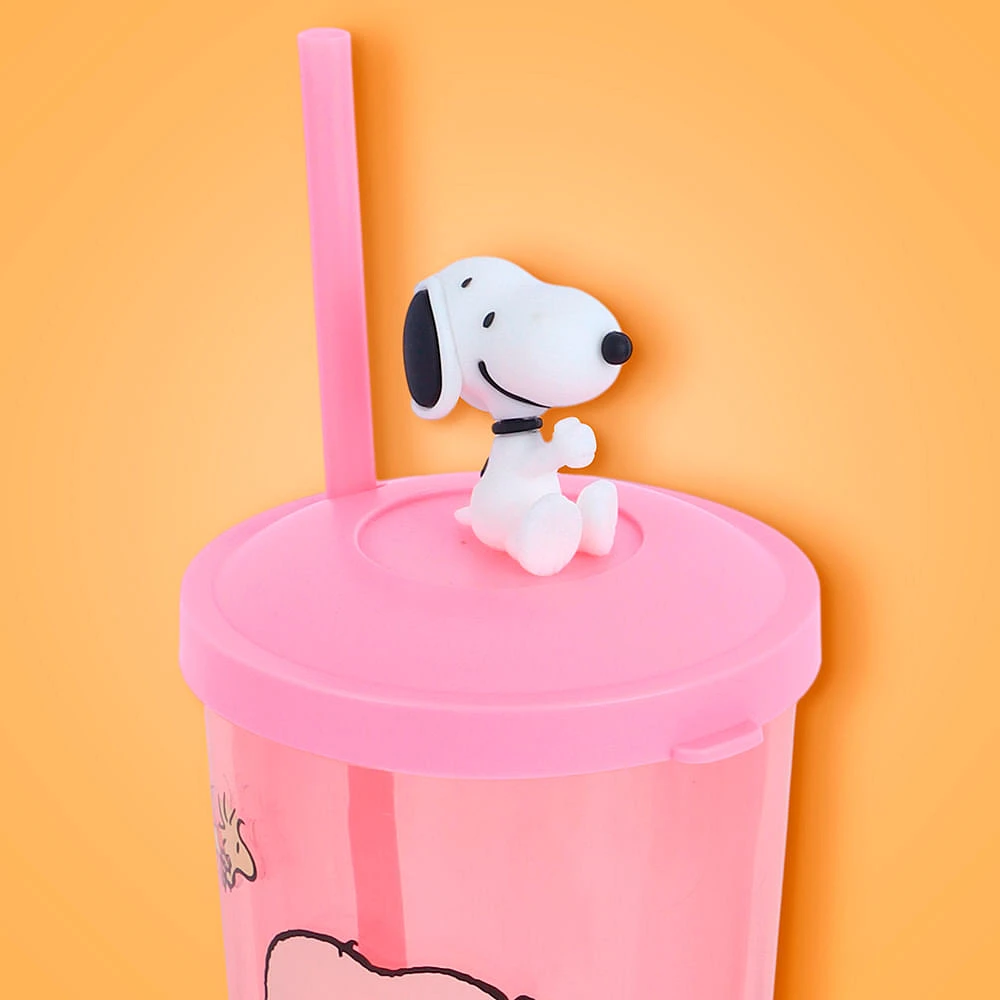 Vaso Con Tapa Y Popote Snoopy Plástico Rosa 550 ml