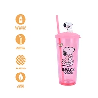 Vaso Con Tapa Y Popote Snoopy Plástico Rosa 550 ml