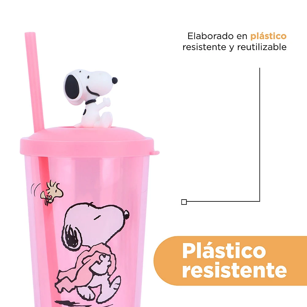 Vaso Con Tapa Y Popote Snoopy Plástico Rosa 550 ml