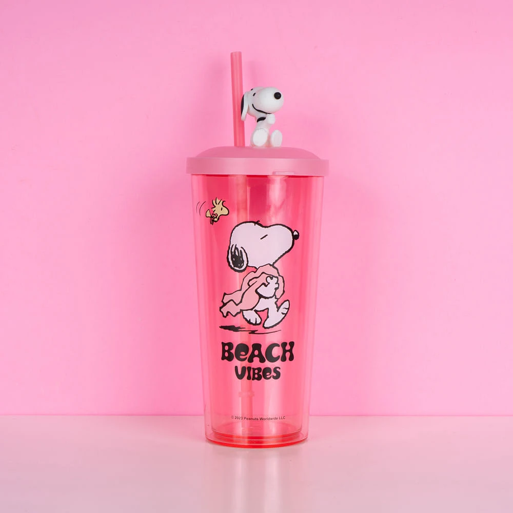 Vaso Con Tapa Y Popote Snoopy Plástico Rosa 550 ml