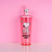 Vaso Con Tapa Y Popote Snoopy Plástico Rosa 550 ml